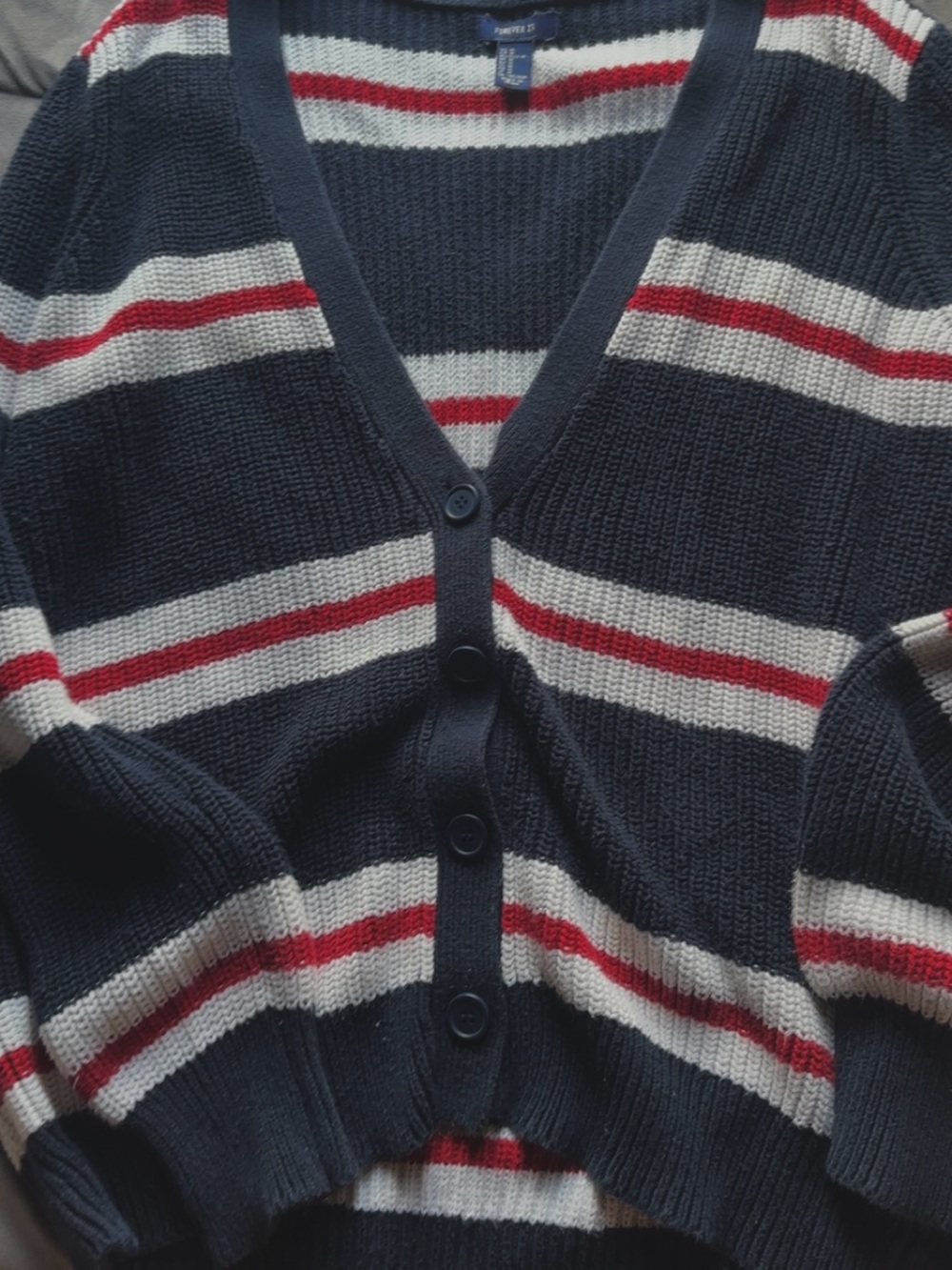 Navy Striped V-Neck Cardigan Sweater - Red & White Stripes - Picture 1 of 3